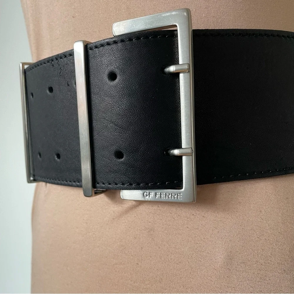 Gianfranco Ferre Black Leather Large Buckle Wide Waist Belt EUC Sz 80 32.5” x 3” - Picture 5 of 7